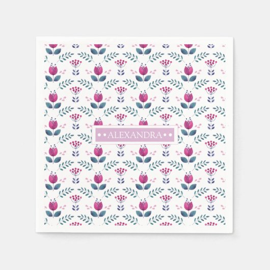 Waterverf Roze Tulp monogram chemisch ontwerp Servet (Voorkant)
