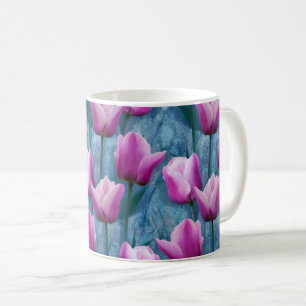 Waterverf Roze Tulpen & Blauw Stucco Koffiemok