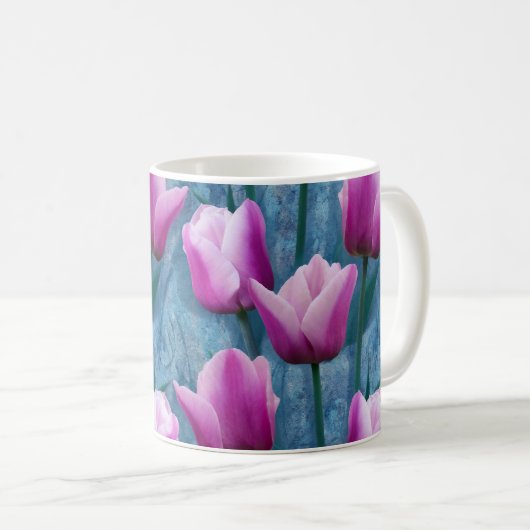 Waterverf Roze Tulpen & Blauw Stucco Koffiemok (Voorkant rechts)