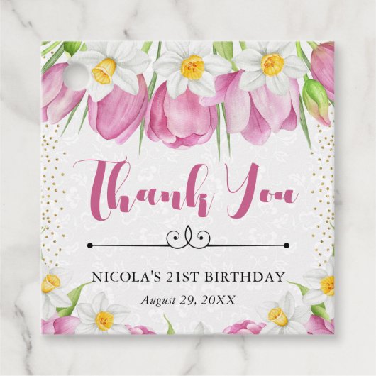 Waterverf roze tulpen en narcissen bedankjes labels (Voorkant)
