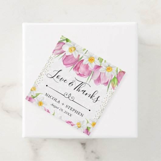 Waterverf roze tulpen en narcissen bruiloft bedankjes labels (In situ)