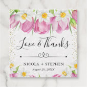 Waterverf roze tulpen en narcissen bruiloft bedankjes labels (Voorkant)