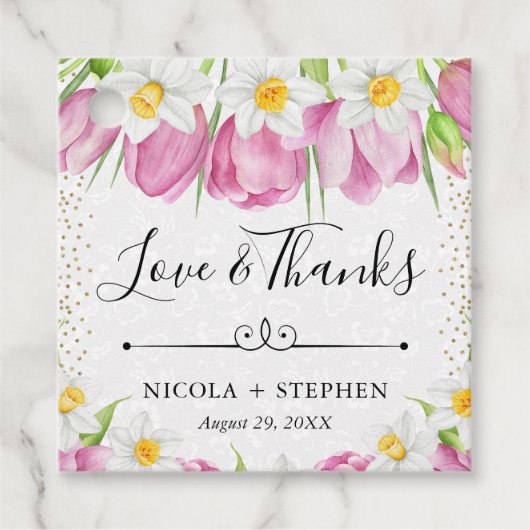 Waterverf roze tulpen en narcissen bruiloft bedankjes labels (Voorkant)