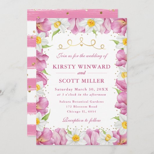 Waterverf roze tulpen en narcissen bruiloft kaart (Voorkant / Achterkant)