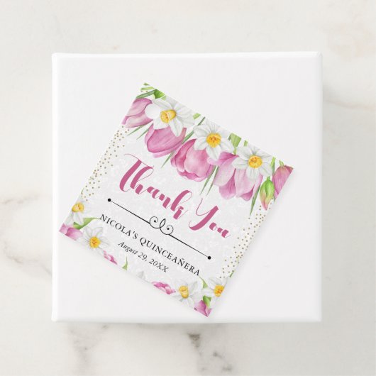 Waterverf Roze Tulpen en narcissen Quinceanera Bedankjes Labels (In situ)