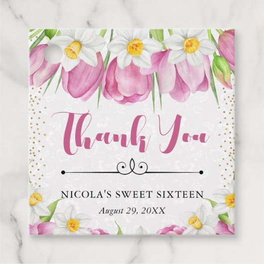 Waterverf Roze Tulpen en narcissen Sweet Sixteen Bedankjes Labels (Voorkant)