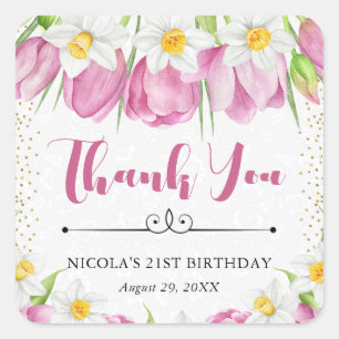 Waterverf Roze Tulpen en Narcissen Verjaardag Vierkante Sticker