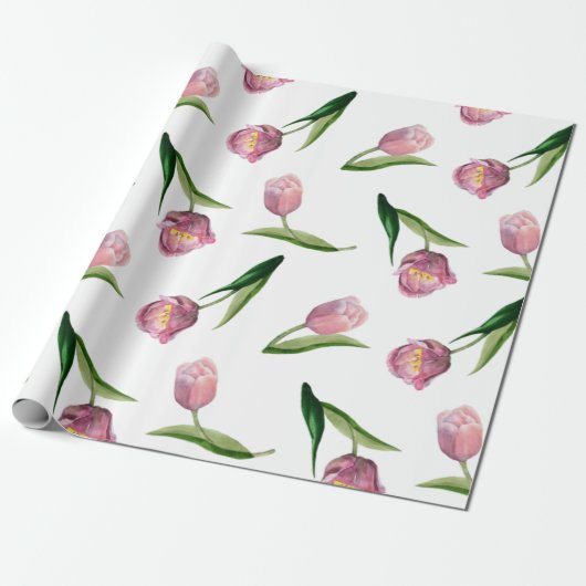 Waterverf roze tulpen naadloos patroon cadeaupapier (Uitgerold)