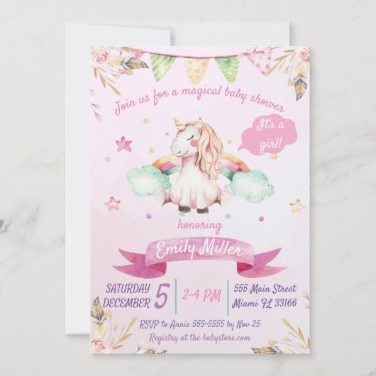 Waterverf Roze Unicorn Baby shower Uitnodiging (Voorkant)