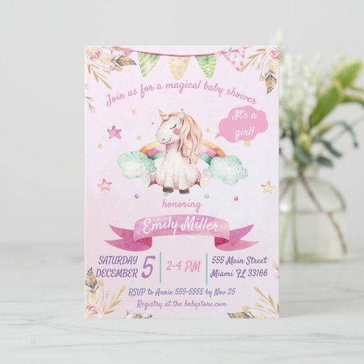Waterverf Roze Unicorn Baby shower Uitnodiging (Staand voorkant)