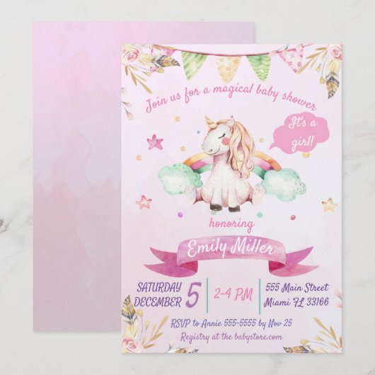 Waterverf Roze Unicorn Baby shower Uitnodiging (Voorkant / Achterkant)