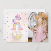 Waterverf Roze Unicorn Birthday Invitation foto Kaart (Voorkant)