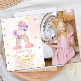 Waterverf Roze Unicorn Birthday Invitation foto Kaart