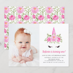 Waterverf Roze Unicorn Floral 1e verjaardag Foto Kaart