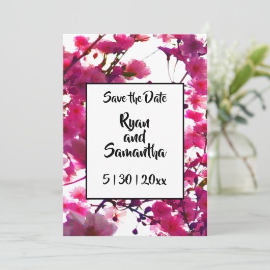 Waterverf roze veer floraal | Drijvende boom Save The Date (Staand voorkant)