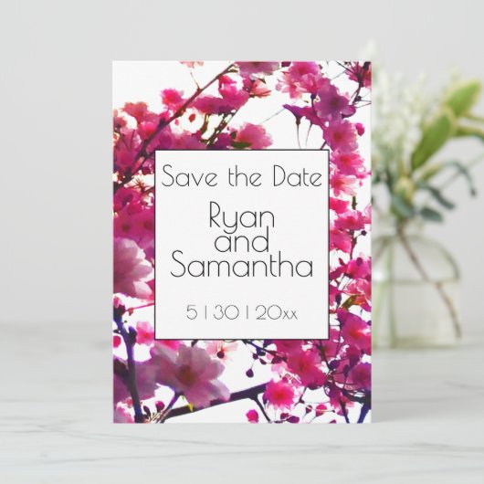 Waterverf roze veer floraal | Drijvende boom Save The Date (Staand voorkant)