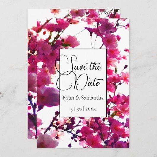 Waterverf roze veer floraal | Drijvende boom Save The Date (Voorkant / Achterkant)