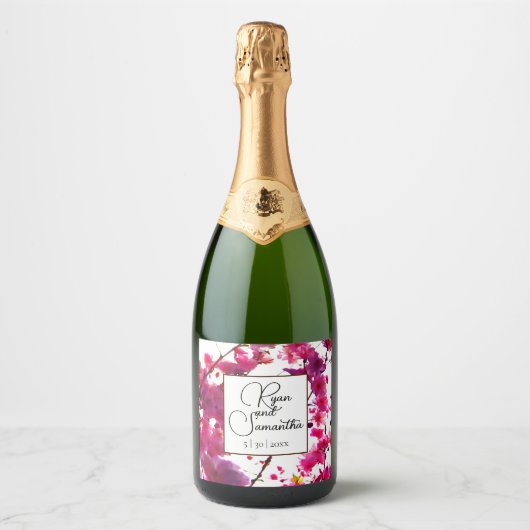 Waterverf roze veer floraal | Drijvende boom Sparkling Wijnetiket (Voorkant)