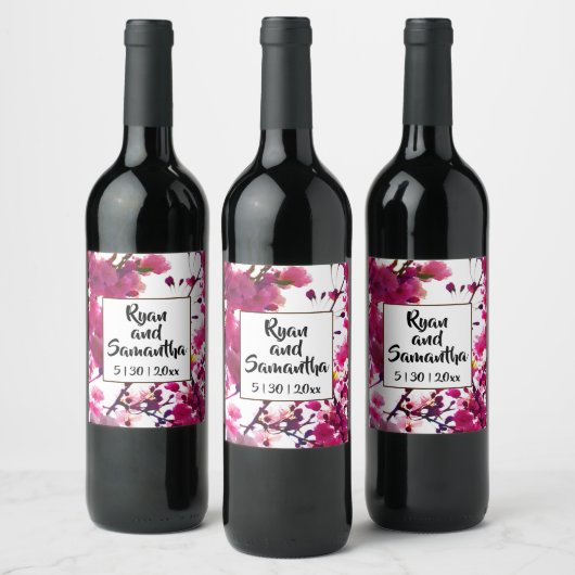 Waterverf roze veer floraal | Drijvende boom Wijn Etiket (Flessen)