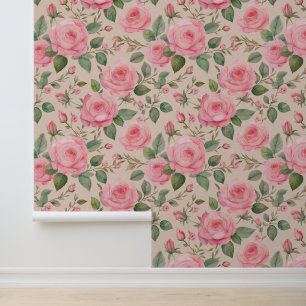 Waterverf Roze Victoriaans Rozen Greenery on Cream Behang