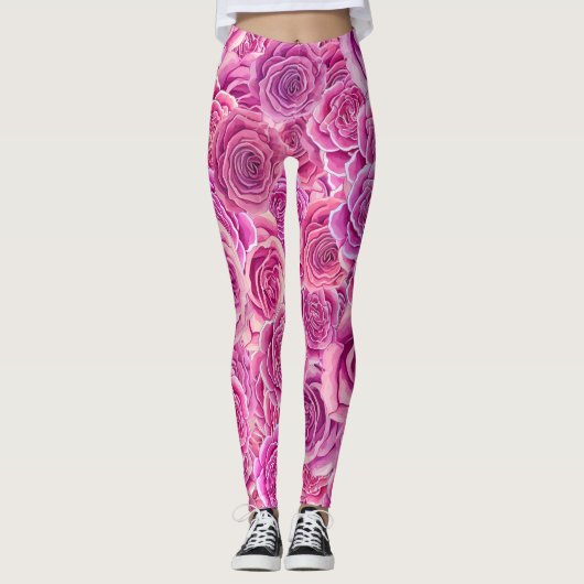 Waterverf Roze Violet Rozen Floral Patroon Leggings (Voorkant)