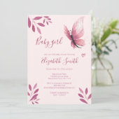 Waterverf roze vlinder baby babydouche kaart (Staand voorkant)