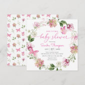 Waterverf Roze Vlinder Bloemen Baby shower Kaart (Voorkant / Achterkant)