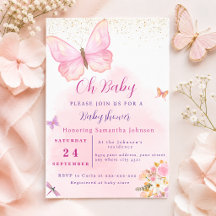 Waterverf Roze vlinder Bloemen Baby Shower