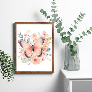 Waterverf Roze Vlinder Bloemen Wandkunst Poster
