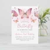Waterverf roze vlinder eerste verjaardag kaart (Staand voorkant)