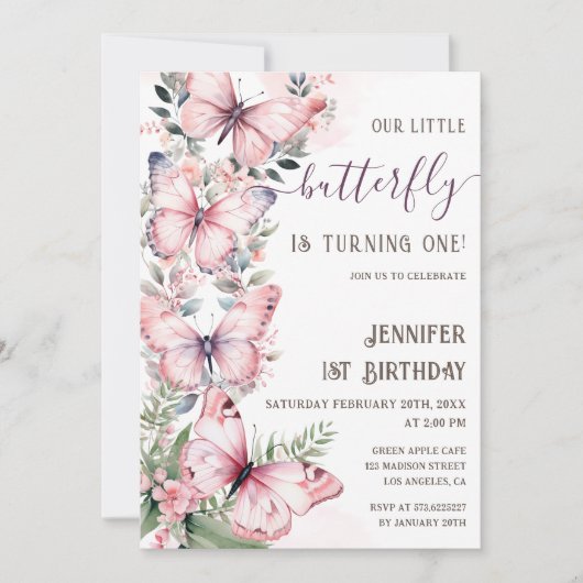 Waterverf Roze Vlinders 1e Verjaardag Vlinder Kaart (Voorkant)