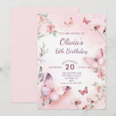 Waterverf Roze Vlinders Bloemen Meisje Verjaardag Kaart (Voorkant / Achterkant)