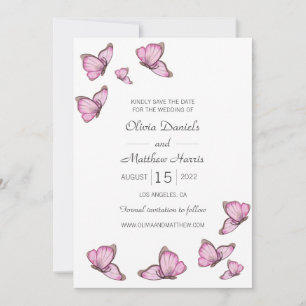 Waterverf roze vlinders. Trouw Save The Date
