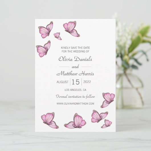 Waterverf roze vlinders. Weddenschappen De datum o Save The Date (Staand voorkant)