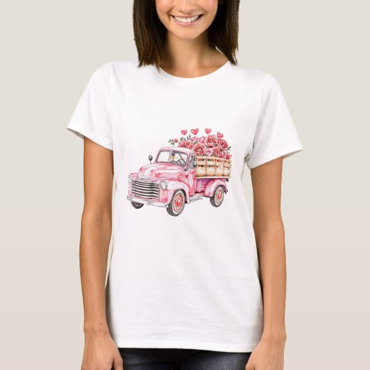 waterverf Roze Vrachtwagen Met Harten En Bloemen T-shirt (Voorkant)