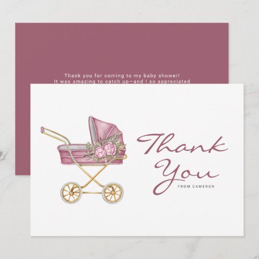 Waterverf Roze  wandelwagen Baby shower Bedankkaart (Voorkant / Achterkant)