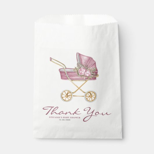Waterverf Roze wandelwagen Baby shower Bedankzakje (Voorkant)