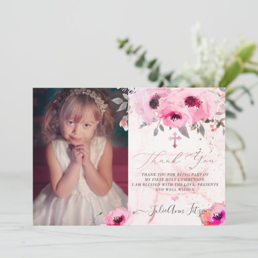 Waterverf Roze Water Rozen Communie Dank u Kaart (Staand voorkant)