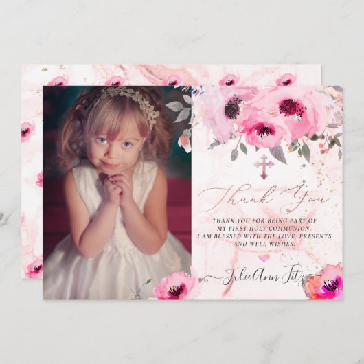 Waterverf Roze Water Rozen Communie Dank u Kaart (Voorkant / Achterkant)