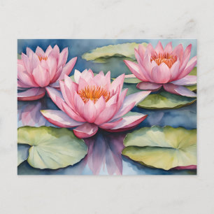 Waterverf Roze Waterlelies in de Vijver Briefkaart
