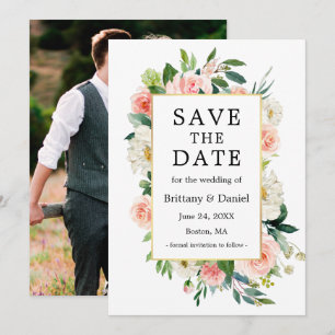 Waterverf Roze - White Floral Gold Lijst Foto teru Save The Date