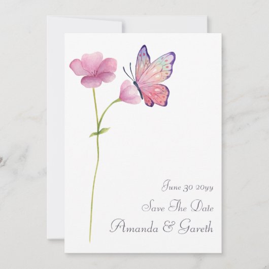 Waterverf Roze Wilde Bloem Vlinder Save The Date Kaart (Voorkant)