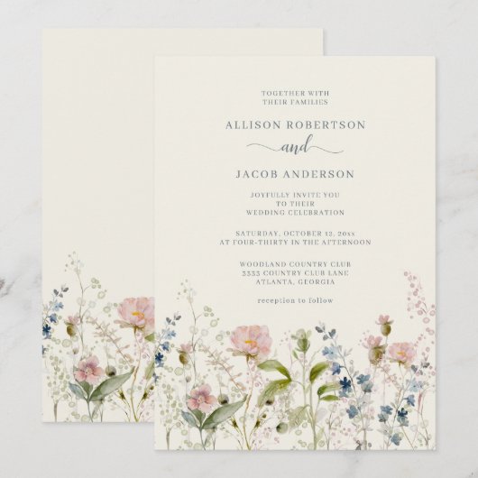 Waterverf Roze wilde bloemen blauwe bruiloft Kaart (Voorkant / Achterkant)