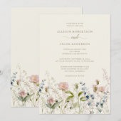 Waterverf Roze wilde bloemen Ivory Wedding Kaart (Voorkant / Achterkant)