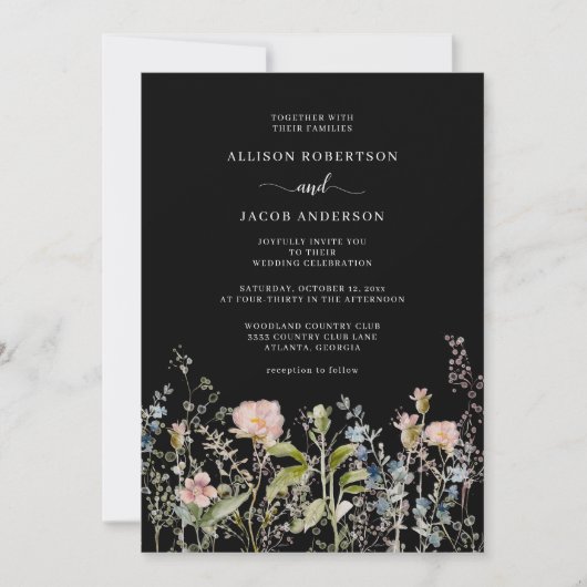 Waterverf Roze Wilde Floral Black Wedding Kaart (Voorkant)