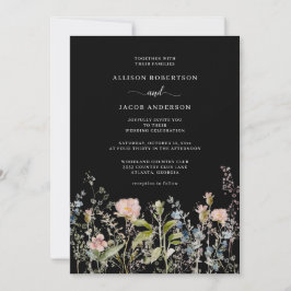 Waterverf Roze Wilde Floral Black Wedding Kaart