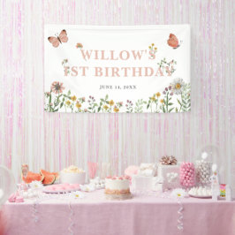 Waterverf Roze Wildflower 1e Verjaardag Spandoek