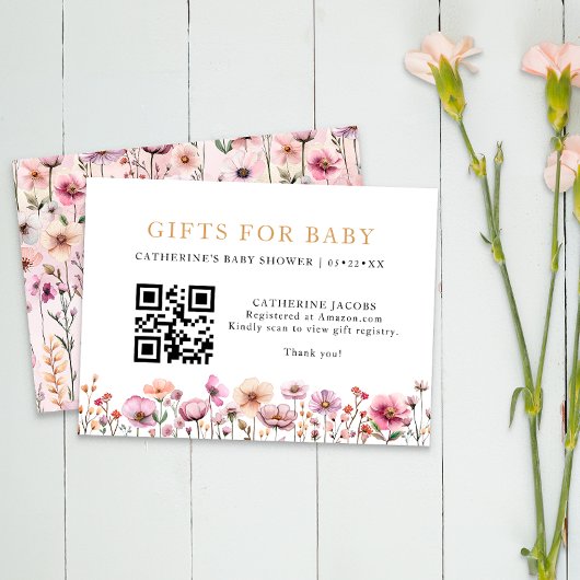 Waterverf Roze Wildflower Baby shower Registry CA Informatiekaartje