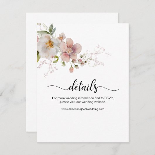 Waterverf Roze Wildflower Bloemen Bruiloft Details Informatiekaartje (Voorkant / Achterkant)