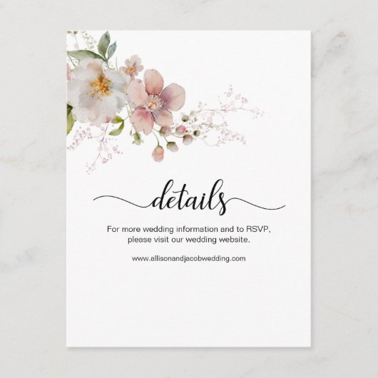 Waterverf Roze Wildflower Bloemen Bruiloft Details Informatiekaartje (Voorkant)